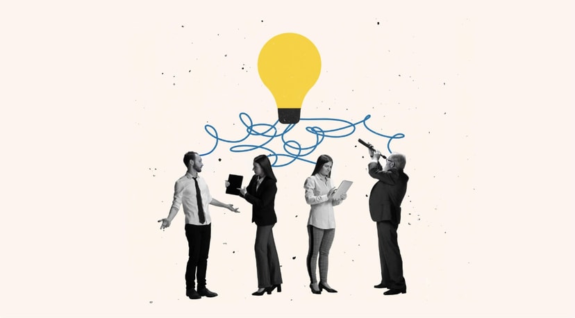 Team collaborating with creative ideas represented by a bright lightbulb and connecting lines